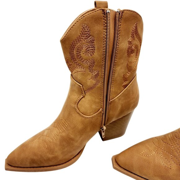 Womens Western Style Tan Ankle Boots With Embroidery & Block Heel Size 7 - Picture 6 of 11